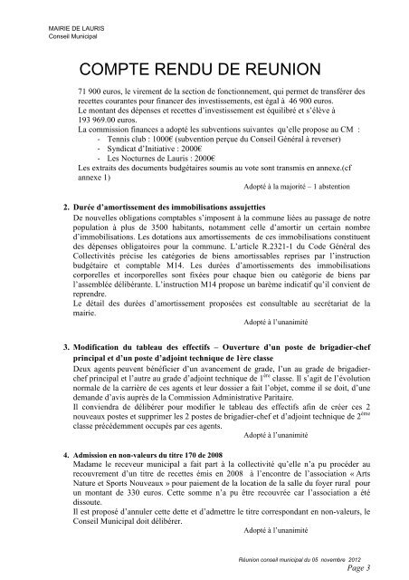 Compte rendu du 05 novembre 2012 - Lauris