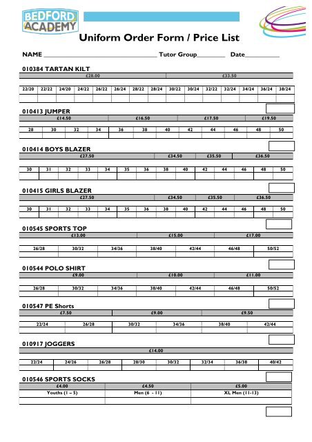 Bedford Academy Uniform Order Form 2012