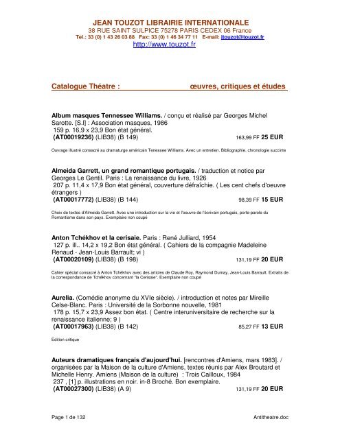 Jean Touzot Librairie Internationale Http Www Touzot Fr