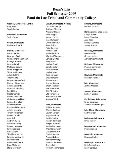 Dean's List Fall Semester 2009 Fond du Lac Tribal and Community ...