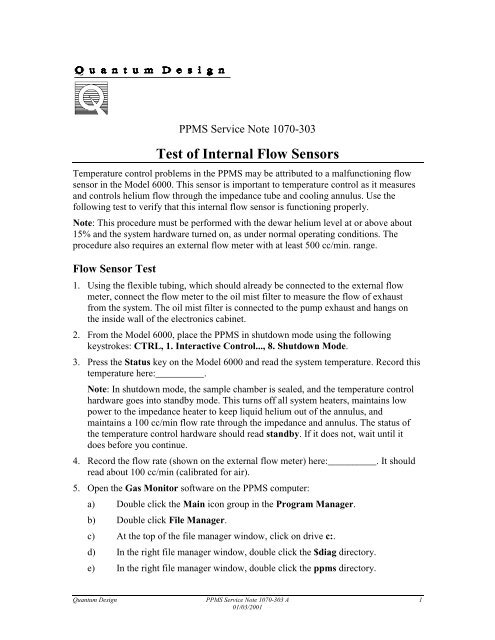 Test of Internal Flow Sensors - Quantum Design, Inc.