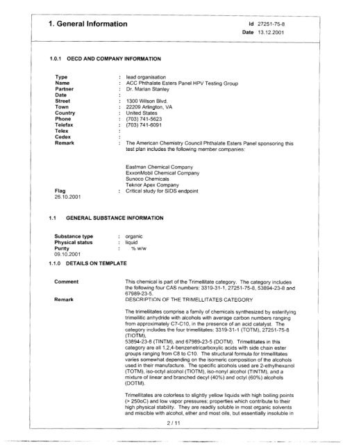 Trimellitate Category; Revised Summaries - US Environmental ...