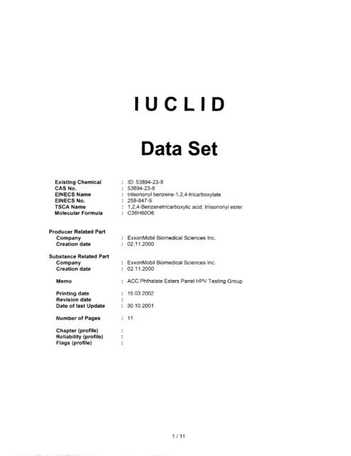 Trimellitate Category; Revised Summaries - US Environmental ...