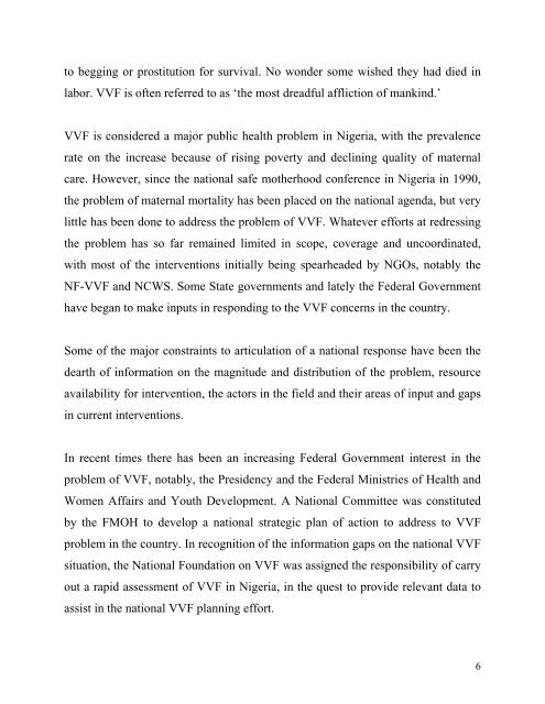 report of the rapid assessment of vesico-vaginal fistulae in nigeria