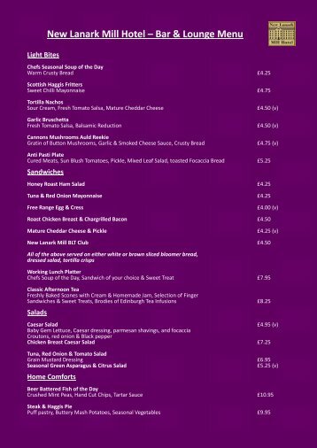 to see our sample bar & lounge menu. - New Lanark Mill Hotel