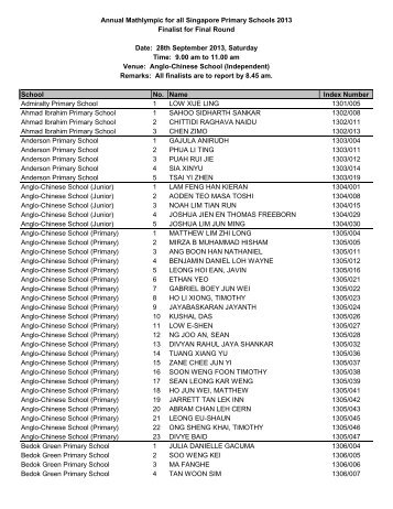 the List of 2013 Annual Mathlympics Finalists - Anglo-Chinese School