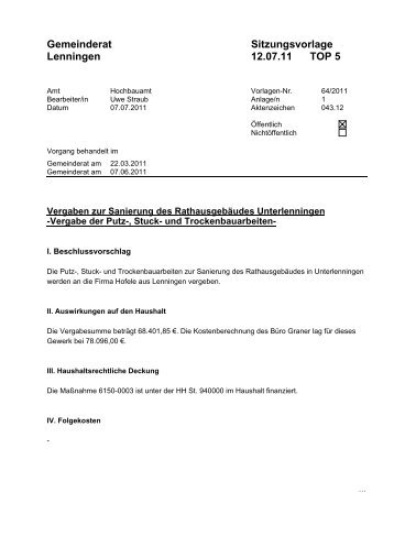 Gemeinderat Lenningen Sitzungsvorlage 12.07.11 TOP 5