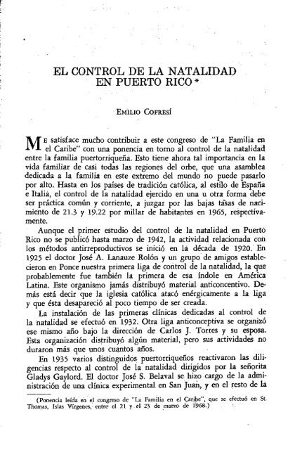 el control de la natalidad en puerto rico - Revista de Ciencias Sociales