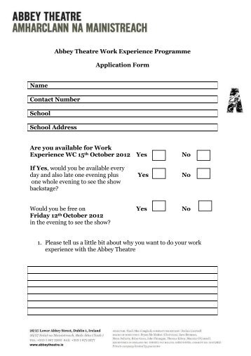 Abbey Theatre Work Experience Programme Application Form ...