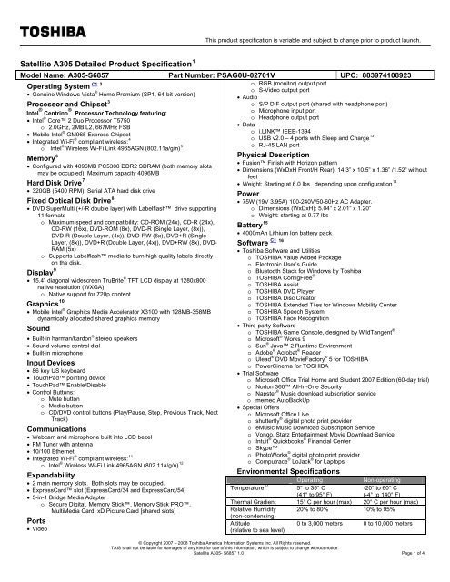 Satellite A305 Detailed Product Specification - XP Notebooks