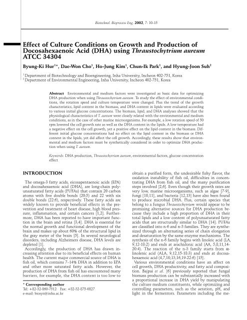 (DHA) using Thraustochytrium aureum ATCC 34304 - Biotechnology ...