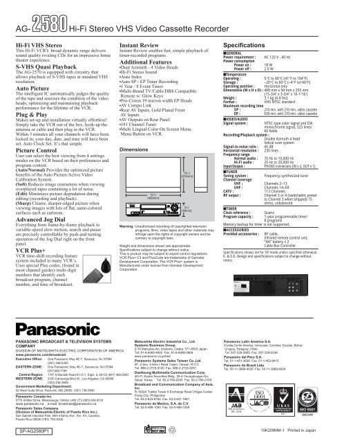 Hi-Fi Stereo VHS Video Cassette Recorder - Panasonic FTP