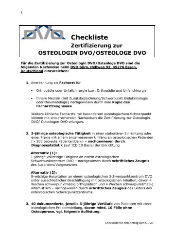 Checkliste Zertifizierung zur OSTEOLOGIN DVO/OSTEOLOGE DVO