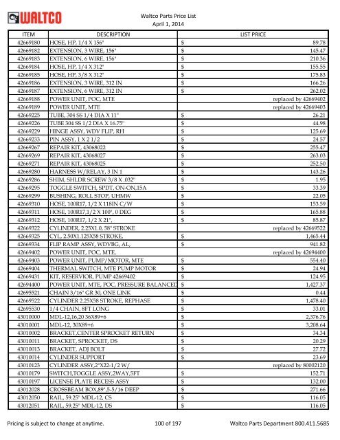 Waltco Parts Price List June 1,2011 FP = Factory Pricing Pricing is ...