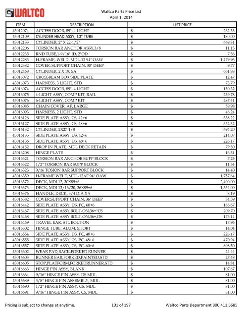 Waltco Parts Price List June 1,2011 FP = Factory Pricing Pricing is ...