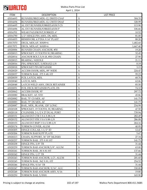 Waltco Parts Price List June 1,2011 FP = Factory Pricing Pricing is ...