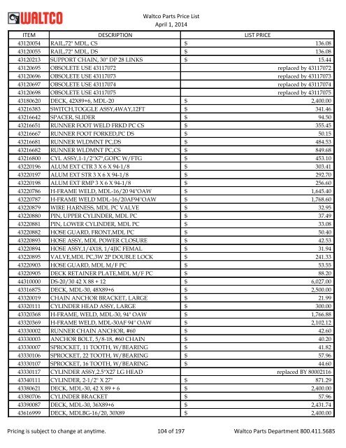 Waltco Parts Price List June 1,2011 FP = Factory Pricing Pricing is ...