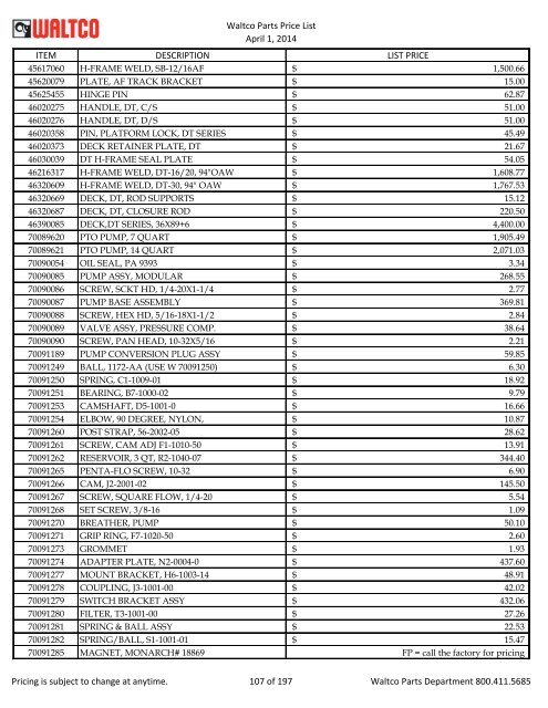 Waltco Parts Price List June 1,2011 FP = Factory Pricing Pricing is ...