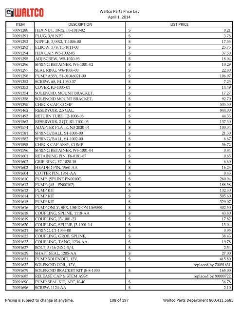 Waltco Parts Price List June 1,2011 FP = Factory Pricing Pricing is ...