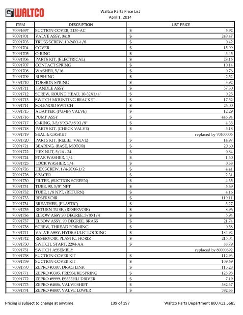 Waltco Parts Price List June 1,2011 FP = Factory Pricing Pricing is ...