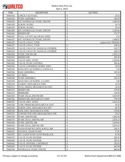 Waltco Parts Price List June 1,2011 FP = Factory Pricing Pricing is ...