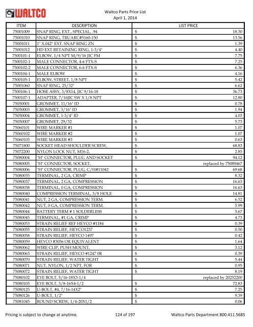 Waltco Parts Price List June 1,2011 FP = Factory Pricing Pricing is ...