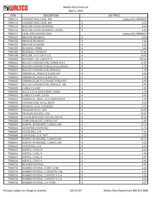 Waltco Parts Price List June 1,2011 FP = Factory Pricing Pricing is ...