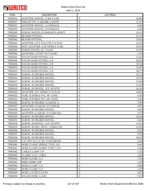 Waltco Parts Price List June 1,2011 FP = Factory Pricing Pricing is ...