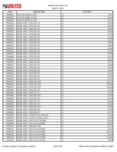 Waltco Parts Price List June 1,2011 FP = Factory Pricing Pricing is ...