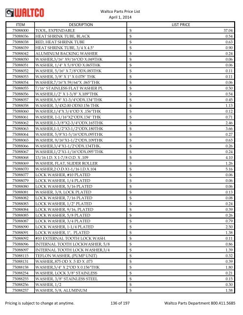 Waltco Parts Price List June 1,2011 FP = Factory Pricing Pricing is ...