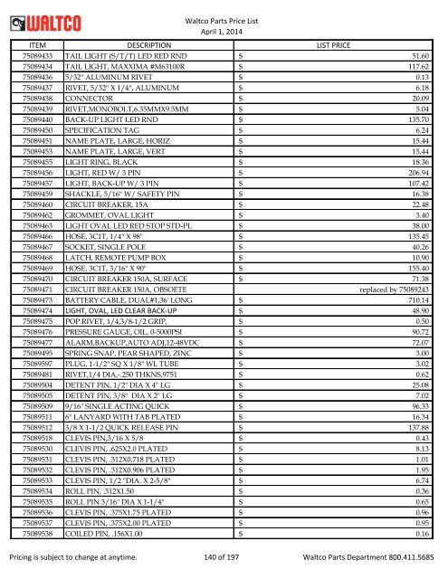 Waltco Parts Price List June 1,2011 FP = Factory Pricing Pricing is ...