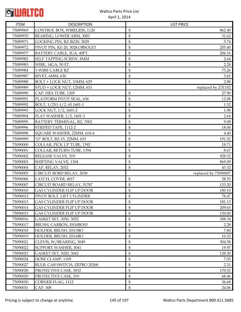 Waltco Parts Price List June 1,2011 FP = Factory Pricing Pricing is ...