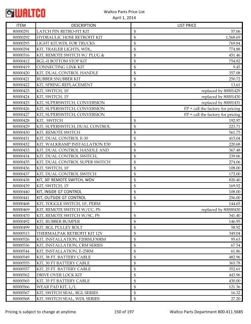 Waltco Parts Price List June 1,2011 FP = Factory Pricing Pricing is ...