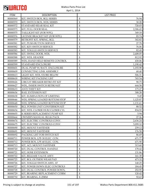 Waltco Parts Price List June 1,2011 FP = Factory Pricing Pricing is ...