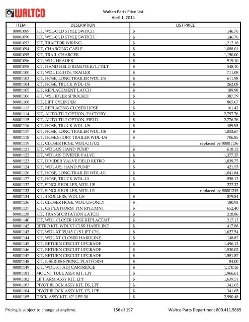 Waltco Parts Price List June 1,2011 FP = Factory Pricing Pricing is ...