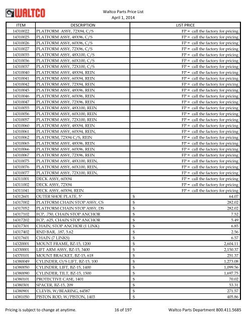 Waltco Parts Price List June 1,2011 FP = Factory Pricing Pricing is ...