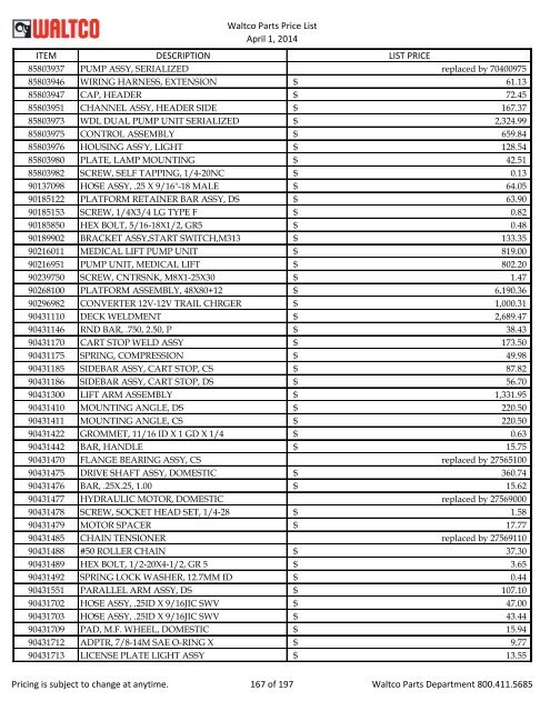 Waltco Parts Price List June 1,2011 FP = Factory Pricing Pricing is ...