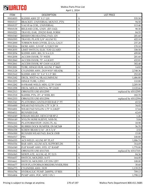 Waltco Parts Price List June 1,2011 FP = Factory Pricing Pricing is ...