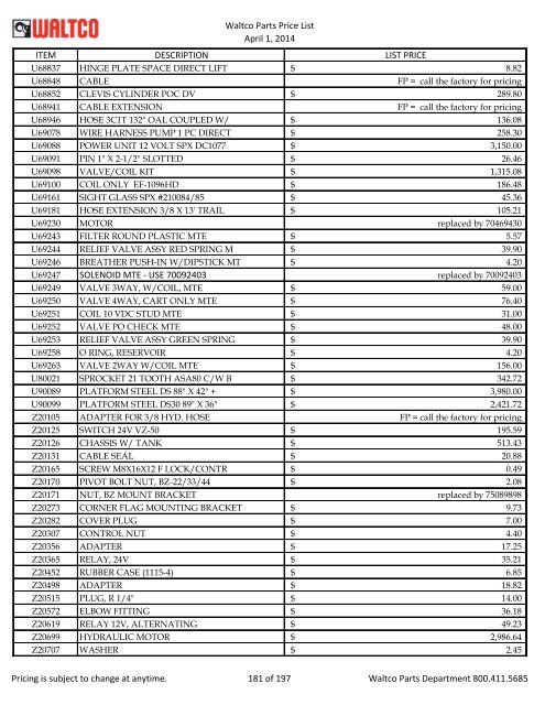 Waltco Parts Price List June 1,2011 FP = Factory Pricing Pricing is ...