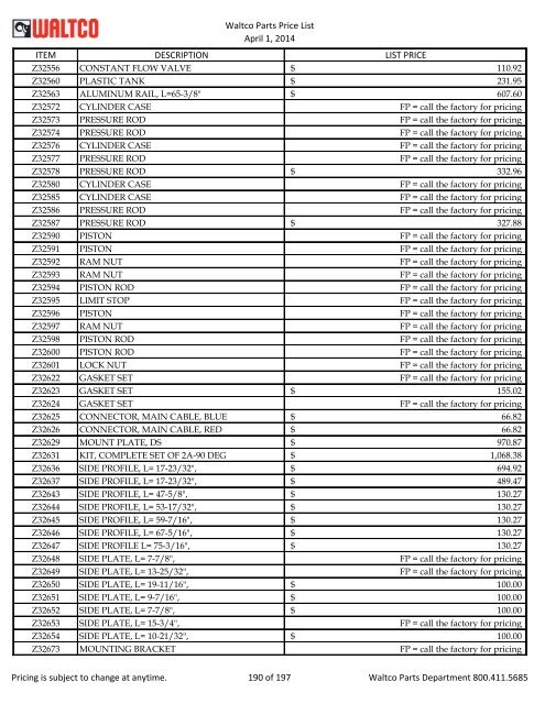 Waltco Parts Price List June 1,2011 FP = Factory Pricing Pricing is ...