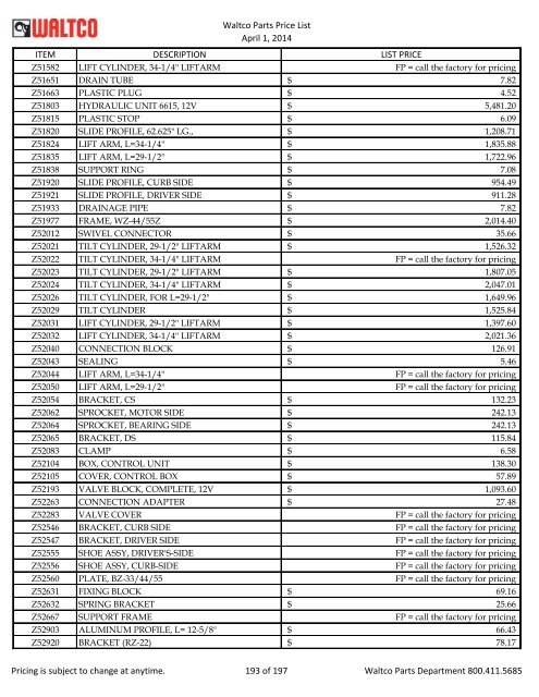 Waltco Parts Price List June 1,2011 FP = Factory Pricing Pricing is ...