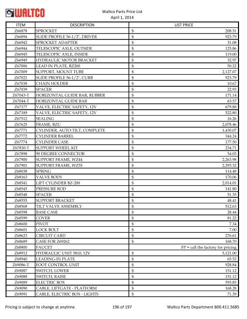 Waltco Parts Price List June 1,2011 FP = Factory Pricing Pricing is ...