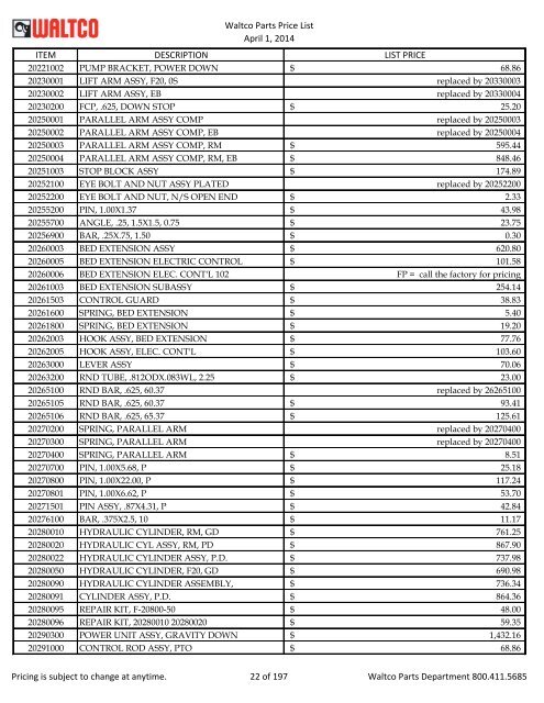 Waltco Parts Price List June 1,2011 FP = Factory Pricing Pricing is ...