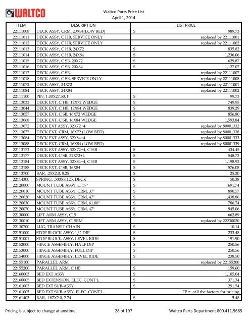 Waltco Parts Price List June 1,2011 FP = Factory Pricing Pricing is ...