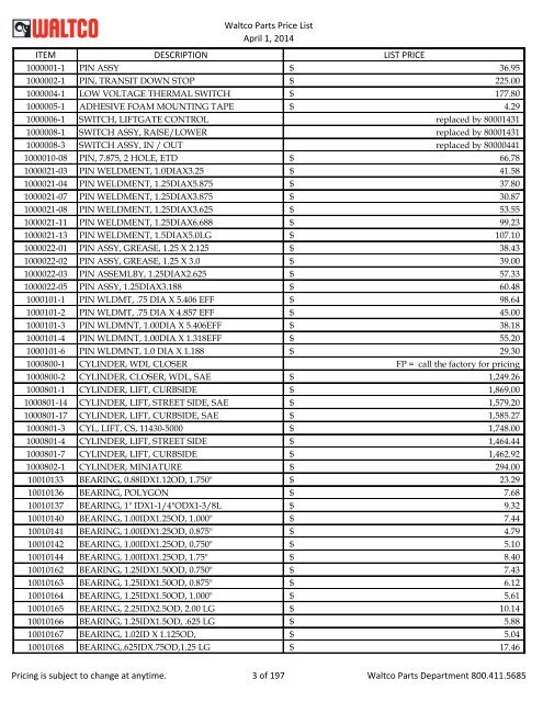 Waltco Parts Price List June 1,2011 FP = Factory Pricing Pricing is ...