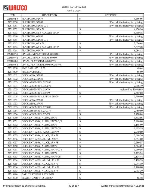 Waltco Parts Price List June 1,2011 FP = Factory Pricing Pricing is ...