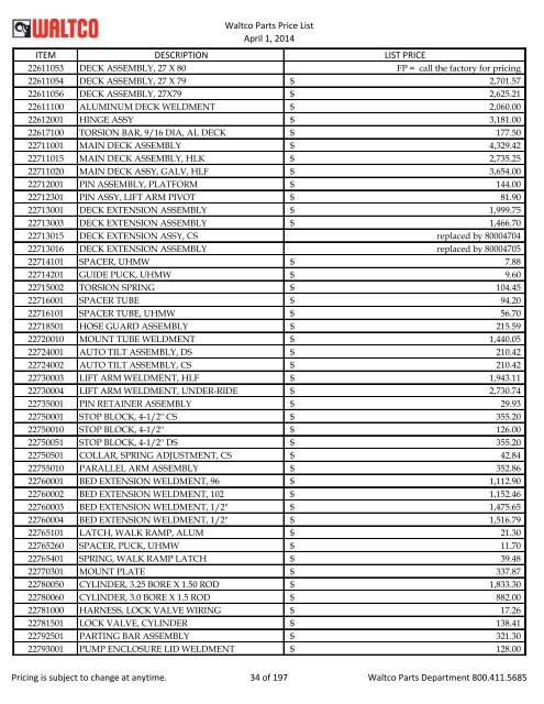 Waltco Parts Price List June 1,2011 FP = Factory Pricing Pricing is ...