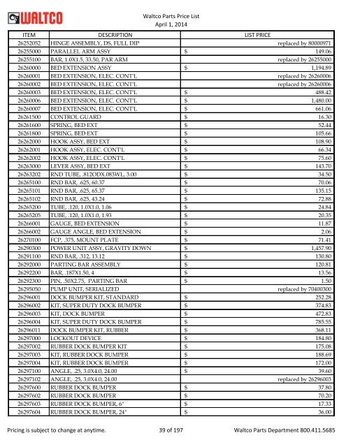 Waltco Parts Price List June 1,2011 FP = Factory Pricing Pricing is ...