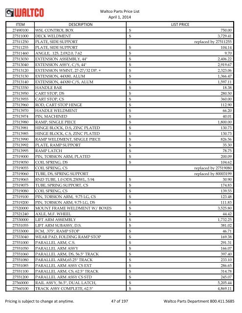 Waltco Parts Price List June 1,2011 FP = Factory Pricing Pricing is ...