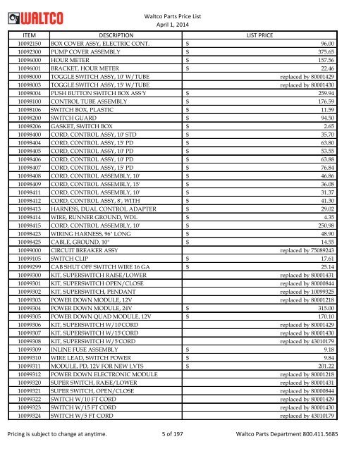 Waltco Parts Price List June 1,2011 FP = Factory Pricing Pricing is ...